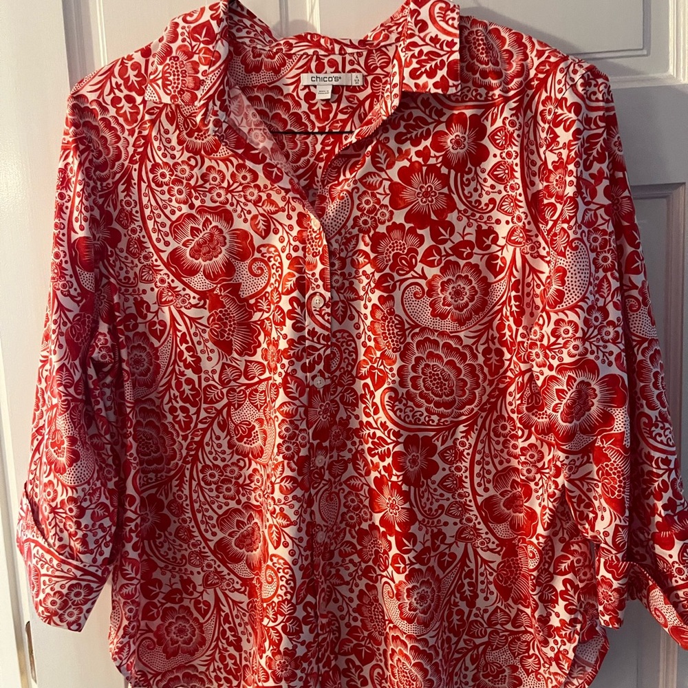 Chico's Red and White Floral Button Down Shirt